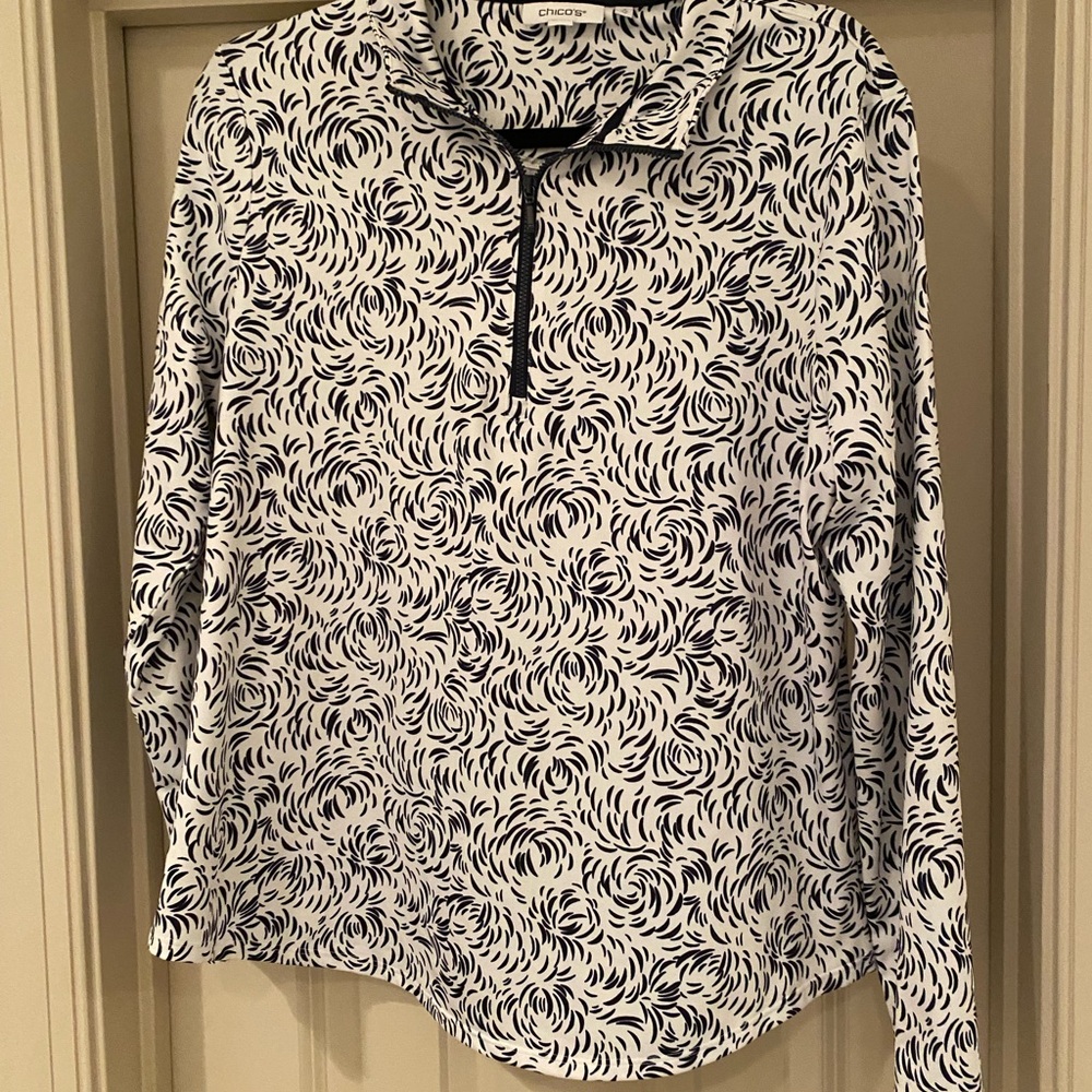 Chico's Navy and White Swirl Long Sleeve Top